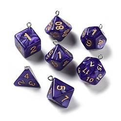 Indigo 7Pcs 7 Styles Opaque Resin Polyhedral Dice Pendants Set, Multi-Sided Dice Charms with Platinum Plated Iron Loops, Mixed Shapes, Purple, Indigo, 20~28x19~24x17~24mm, Hole: 2mm, 1pc/style