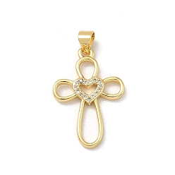 Настоящее золото 18K Латунные микропаве прозрачные подвески с фианитом, крестик с сердечками, реальный 18 k позолоченный, 26x17.5x2 мм, отверстие : 4x3.5 мм