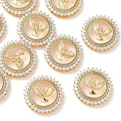 Plaqué 18K Or Véritable Pendentifs en laiton Shegrace avec zircon cubique transparent, plat rond avec breloques oiseaux, sans cadmium et sans plomb et sans nickel, réel 18 k plaqué or, 17.5x5mm, Trou: 3x1.5mm