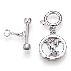 Platinum White Shell Toggle Clasps, with Brass Findings, Cadmium Free & Nickel Free & Lead Free, Flat Round with Rose, Platinum, 41.5mm, T Clasps: 5.5x18x4mm, O Clasps: 12x12x1mm