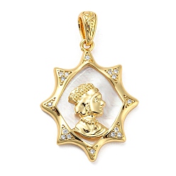 Golden Rack Plating Brass Cubic Zirconia Pendants, with Shell, Cadmium Free & Lead Free, Woman, Long-Lasting Plated, Golden, 31x23.5x4mm, Hole: 5.5x4mm