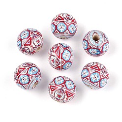 Малиновый Бусины из дерева схима в богемном стиле с принтом, круглые, малиновый, 14.2~15x16~16.5 мм, отверстие : 3.7~4.3 мм