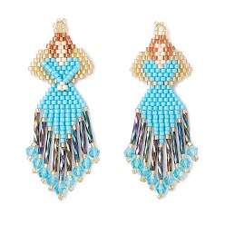 Темно-Голубой Подвески-ангелы из стеклянных бисеров, со стеклом и кисточками, глубокое синее небо, 67x24x4 мм, отверстие : 2.5 мм