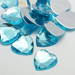 Небесно-голубой Акриловые стразы - кабошоны , плоская спина и гранеными, сердце, голубой, 18x18x4 мм