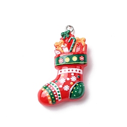 Christmas Socking Рождественские подвески из непрозрачной смолы, с железной платиной петлей, рождественские носки, 35x23x9 мм, отверстие : 2 мм