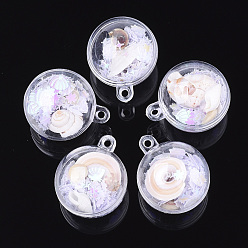 Lilac Openable Transparent Plastic Container Pendants, with Shell and Sequins, Round, Lilac, 36.5x30~30.5x30~30.5mm, Hole: 2.5mm