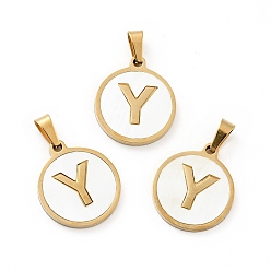 Letter Y Вакуумное покрытие pvd 304 нержавеющая сталь с подвесками из белой ракушки, золотые, плоский круглый с подвеской в виде буквы, letter.y, 18x16x1.5 мм, отверстие : 3x6 мм