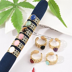 Смешанные камни 304 манжетные кольца из нержавеющей стали с широкими отверстиями, овальное кольцо с натуральным драгоценным камнем для женщин, реальный 18 k позолоченный, ионное покрытие (ip), 9.5 мм, регулируемый