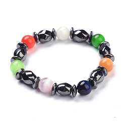 Colorful Cat Eye Round Beads Stretch Bracelets, with Oval Synthetic Magnetic Hematite Beads, Inner Diameter: 2-1/8 inch(5.3cm)