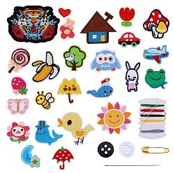 Mixed Color 50Pcs 25 Style Computerized Embroidery Cloth Iron On Patches, Costume Accessories, with DIY Sewing Kits, with Plastic Button, Sewing Thread and Needles, Mixed Shape, Mixed Color, 50pcs/set
