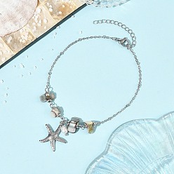 Platinum Ocean 304 Stainless Steel Starfish Charm Anklets with Natural Freshwater Shell Beads for Women, Seashell Color, Platinum, 8-7/8 inch(225mm)