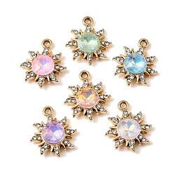 Golden UV Plating Alloy Glass Pendants, Sun Charm, with Rhinestone, Faceted, Mixed Color, Golden, 20.5x17.5x5.3mm, Hole: 1.8mm