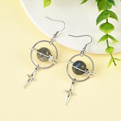 Amethyst Natural Amethyst & Alloy Pendant Dangle Earrings, Planet, 316 Surgical Stainless Steel Dangle Earrings for Women, 70x31.5mm