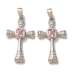 Platine Pendentifs en laiton micro pavé de zircons cubiques roses, breloques en forme de croix martelée, platine, 25x15x3mm, Trou: 4x2.5mm