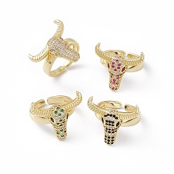 Mixed Color Cubic Zirconia OX Head Open Cuff Ring, Real 18K Gold Plated Brass Jewelry for Women, Lead Free & Cadmium Free, Mixed Color, US Size 6 3/4(17.1mm)