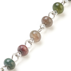 Indian Agate Handmade Natural Indian Agate Beaded Chains, Unwelded, with Iron Needle, Platinum, 39.37 inch, 6~6.5x4mm, 1m/strand