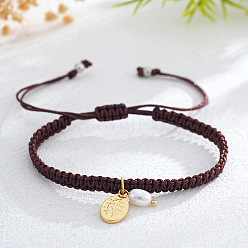 Кокосово-Коричневый Браслеты с подвесками из латуни и искусственного жемчуга, плетеные браслеты из полиэфирного шнура для женщин, овальные с листа, кокосового коричневый, 11.02 дюйм (28 см)