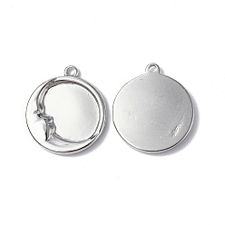 Stainless Steel Color Non-Tarnish 304 Stainless Steel Pendants, Flat Round with Moon Charm, Stainless Steel Color, 20.5x18x2.5mm, Hole: 1.6mm