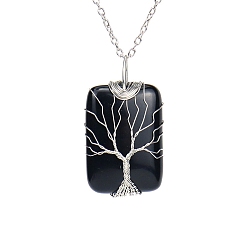Obsidian Natural Obsidian Pendant Necklace with Brass Cable Chains, Rectangle with Tree, 20.47 inch(52cm)