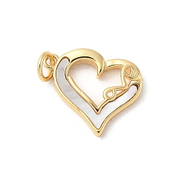 Настоящее золото 18K Подвески из латуни с натуральными белыми ракушками, подвески-сердечки с кольцами-прыгунами, долговечный, без свинца и без кадмия, стойки покрытие, реальный 18 k позолоченный, 15x17x3 мм, отверстие : 3 мм
