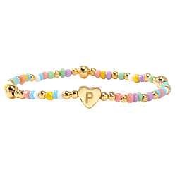Letter P Summer Stainless Steel Heart Alphabet Colorful Glass Seed Beaded Stretch Bracelets for Women, Golden, Letter P, 6.89 inch(17.5cm)