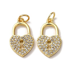 Настоящее золото 18K Латунные микропаве прозрачные подвески с фианитом, замок в форме сердца, с целью перехода в кольце, стойки покрытие, долговечный, без свинца и без кадмия, реальный 18 k позолоченный, 18x10.5x2 мм, отверстие : 3.5 мм