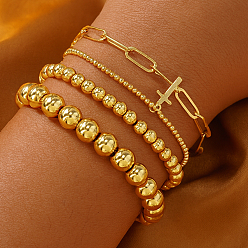 Золотой Регулируемый браслет ручной работы из латунных круглых бусин, эластичный, для женщин, золотые, 165 mm ~ 175 mm