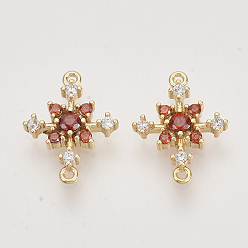 Red Brass Cubic Zirconia Links connectors, Real 18K Gold Plated, Snowflake, Nickel Free, Red, 13x10x2.5mm, Hole: 0.8mm