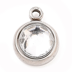 Кристалл 304 прелести нержавеющей стали, с акриловыми стразами, очарование камня, граненые, плоско-круглые, цвет нержавеющей стали, кристалл, 10x8x4 мм, отверстие : 1.3 мм