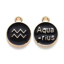 Aquarius Alloy Enamel Pendants, Cadmium Free & Lead Free, Flat Round with Constellation, Light Gold, Black, Aquarius, 22x18x2mm, Hole: 1.5mm