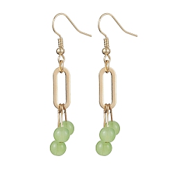 Dark Sea Green Imitation Jade Glass Dangle Earrings, with 304 Stainless Steel Earring Hooks, Round, Golden, Dark Sea Green, 53mm