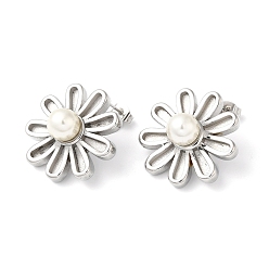 Stainless Steel Color Plastic Pearl Beaded Flower Stud Earrings, 304 Stainless Steel Jewelry, Stainless Steel Color, 25x25mm