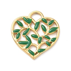 Green 304 Stainless Steel Enamel Pendants, Heart & Leaf Charms, Golden, Green, 24.5x22.5x2mm, Hole: 5mm