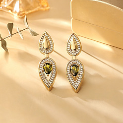 Olive Drab Brass Micro Pave Cubic Zirconia Stud Earrings, Teardrop, Platinum, Olive Drab, 33x10mm