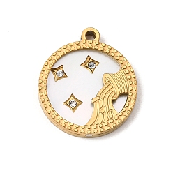 Aquarius 12 Constellations 304 Stainless Steel & Natural Shell & Rhinestone Pendants, Ion Plating(IP), Long-Lasting Plated, Aquarius Charm, 17x15x2mm, Hole: 1.5mm