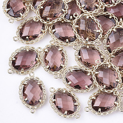 Индийский Красный Прозрачные стеклянные соединители звеньев, с латунной фурнитурой , граненые, овальные, золотой свет, Индийская красная, 21.5x14x5 мм, отверстие : 1.2 мм