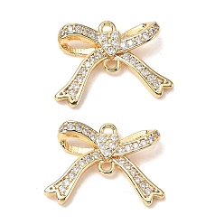 Настоящее золото 18K Шармы-соединители из латуни с микропаве из прозрачного кубического циркония, без кадмия, без никеля и без свинца, бантом, реальный 18 k позолоченный, 12.5x17.5x3.5 мм, отверстие : 1.2 мм