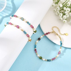 Tourmaline Natural Mixed Gemstone Faceted Round and Cube Beaded Bracelets with Natural Pearl & Brass End Chains, Golden, 7.32 inch(18.6cm)