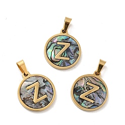 Letter Z Вакуумное покрытие pvd 304 нержавеющая сталь с подвесками из ракушек пауа, золотые, плоский круглый с подвеской в виде буквы, letter.z, 18x16x1.5 мм, отверстие : 3x6 мм