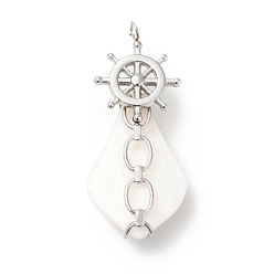 Stainless Steel Color Natural White Shell Pendants, Teardrop Charm, with 304 Stainless Steel Helm Findings, Stainless Steel Color, 35~44x18~20x8~10mm, Hole: 3mm