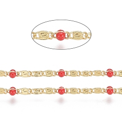 Red Handmade Brass Lumachina Chains, Snail/Scroll Chains, with Enamel and Spool, Cadmium Free & Lead Free, Soldered, Long-Lasting Plated, Real 18K Gold Plated, Red, 3x2x1mm, 3x2x2mm, about 32.8 Feet(10m)/roll