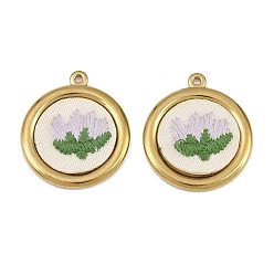 Real 18K Gold Plated 304 Stainless Steel & Embroidered Pendants, Flat Round with Flower Charms, Lavender, Ion Plating(IP), Long-Lasting Plated, Real 18K Gold Plated, 26x23x4mm, Hole: 1.5mm