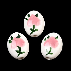 Pink Фарфоровые бусины ручной работы, овальный и цветок, ручная роспись, пастельный фарфор, розовые, 15.5x12x8 мм, отверстие : 2 мм