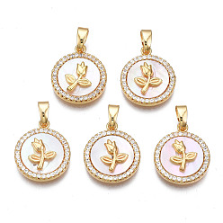 Real 18K Gold Plated Brass Micro Pave Clear Cubic Zirconia Pendants, with Shell, Cadmium Free & Nickel Free & Lead Free, Flat Round with Flower, Real 18K Gold Plated, 16x13.5x3mm, Hole: 2.5x5mm