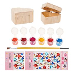 (52) Непрозрачная лаванда Комплекты шкатулки для драгоценностей, с незаконченной деревянной шкатулкой в форме сердца, ручка для рисования дерева, акриловые наклейки горный хрусталь, пластиковая пустая палитра, разноцветные, коробки: 9.5x10.35x5 см, внутренний диаметр: 6.4x8.8 см, 2 шт / комплект
