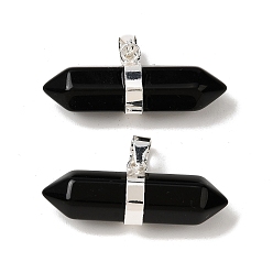 Обсидиан Подвески с двойным наконечником из натурального обсидиана, граненые брелоки в форме пули с латунными застежками на дужках, стойки покрытие, серебряные, 12.5x32~32.5x9.5 мм, отверстие : 6x4.5 мм