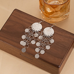 Серебро Серьги-люстры с плоскими круглыми кисточками из сплава, серебряные, 107.6x25 мм