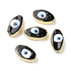 Black Handmade Lampwork Beads, with Golden Tone Brass Finding, Cadmium Free & Lead Free, Horse Eye with Evil Eye, Black, 17.5~19x10~10.5x5.5~6.5mm, Hole: 2mm