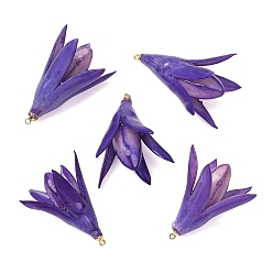 Dark Orchid Epoxy Resin & Dried Flower Pendants, Magnolia Bud Charm, with Brass Loops, Golden, Dark Orchid, 37~42x27~34x24~36mm, Hole: 1.6mm