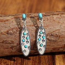 Turquoise Alloy Resin Stud Dangle Earrings, Oval with Cactus Pattern, Antique Silver, Turquoise, 51x12mm